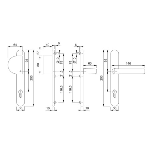 HOPPE Garniture de poignée PT RR, ov.PZ, VK8, E92, Liverp. 554/3357N/1313G, F1-2 TS 67-72