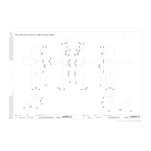 HOPPE Garniture de sécurité FH interchangeable LS, PZ, 9/72, Marseille FS-76G/3331/3310/1138F F1