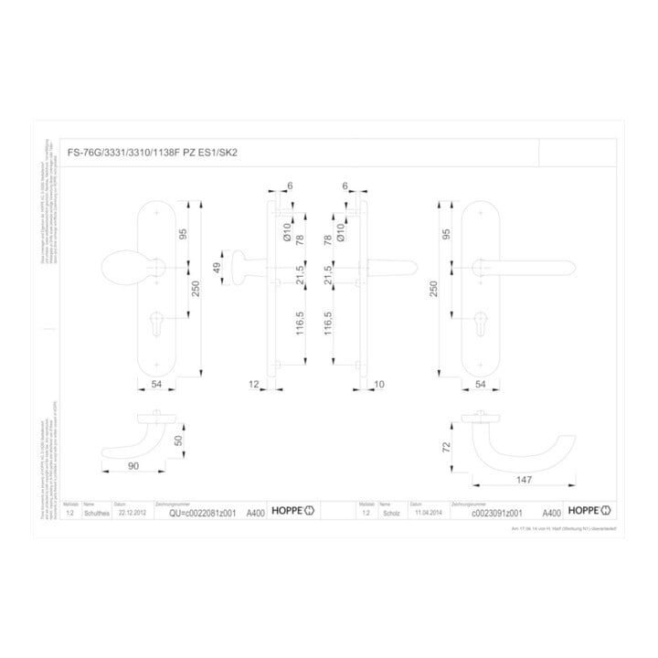 HOPPE Garniture de sécurité FH interchangeable LS, PZ, 9/72, Marseille FS-76G/3331/3310/1138F F1