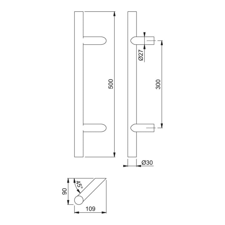 HOPPE HT-Stoßgriff E5012,gerade BA300, Durchmesser 30,L500 Edelstahl matt