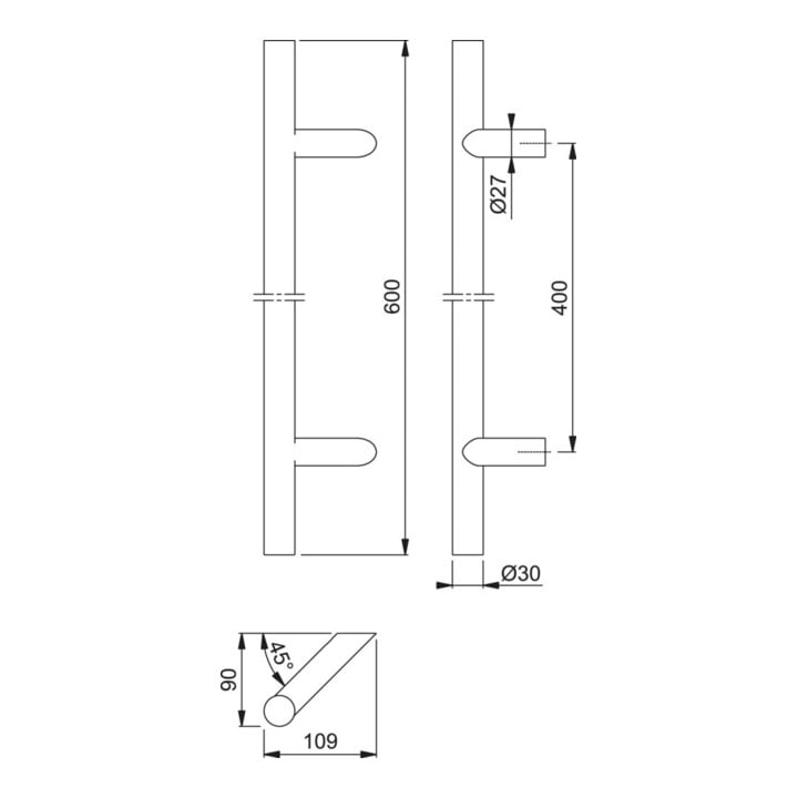 HOPPE HT-Stoßgriff E5012,gerade L600, Durchmesser 30 Edelstahl matt