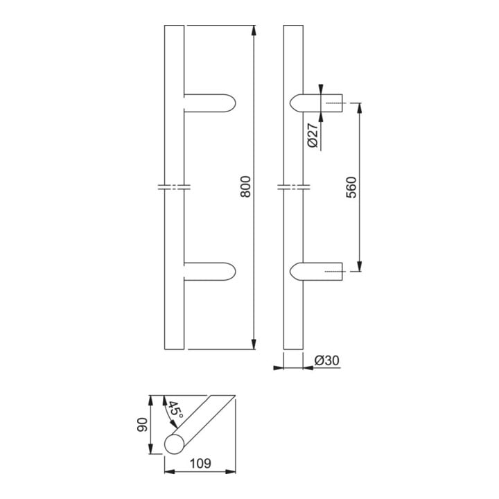 HOPPE HT-Stoßgriff E5012,gerade L800, Durchmesser 30 Edelstahl matt