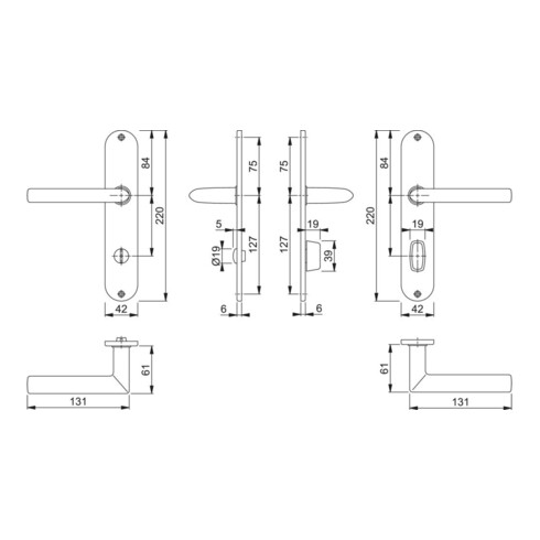 Hoppe jeu de plaques longues Stock.E1140Z/302 VA F69 Bad SK/OL 78mm DIN L/R
