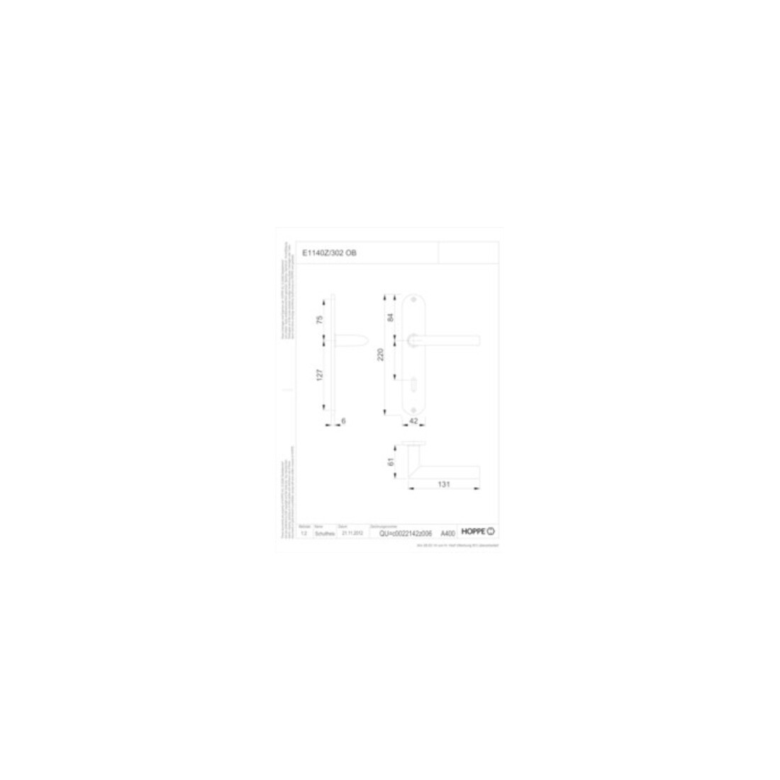 Hoppe jeu de plaques longues Stock.E1140Z/302 VA F69 VA F69 OB 72mm DIN L/R