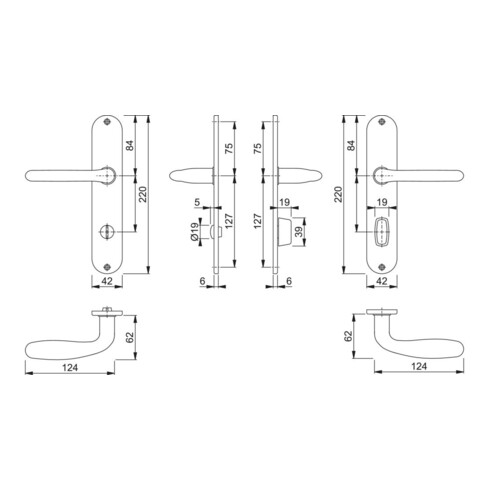 Hoppe Langschildgarnitur Cardiff E1850Z/302 VA F69 Bad SK/OL 78mm DIN L/R