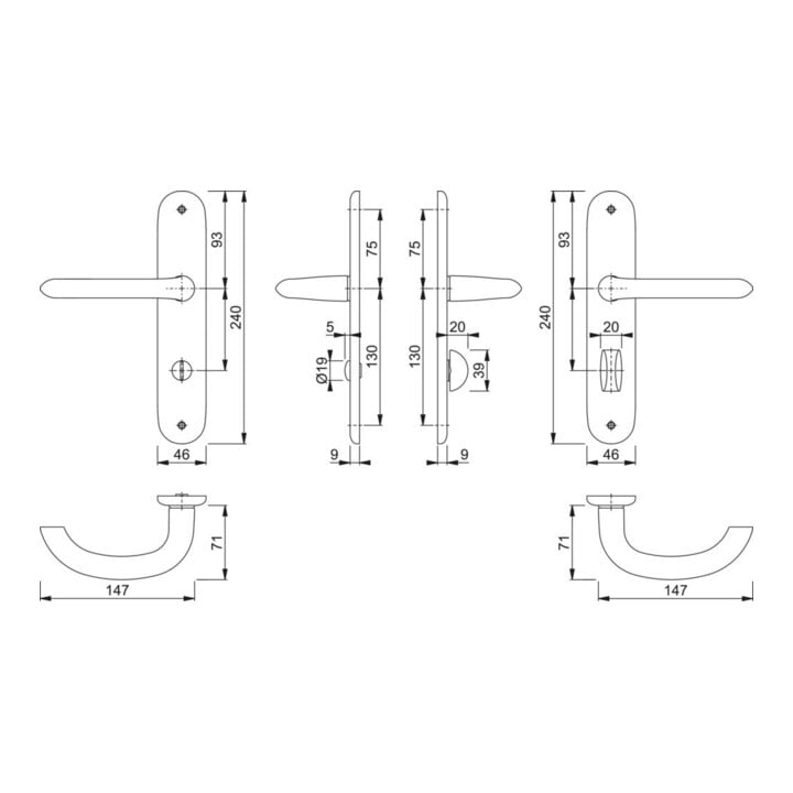 Hoppe Langschildgarnitur Mar.1138/273P Alu.F1 Bad SK/OL 78mm DIN L/R