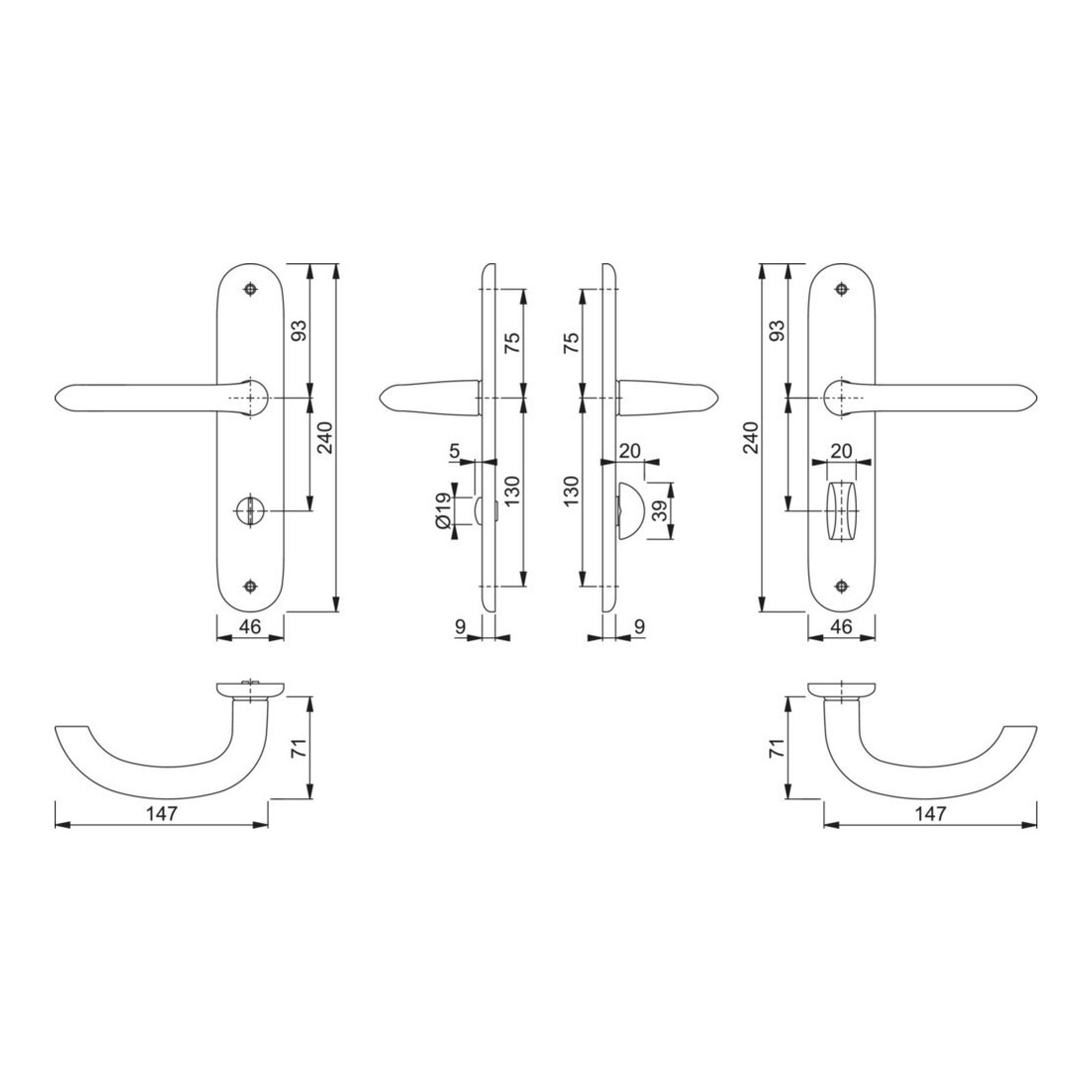 Hoppe Langschildgarnitur Mar.1138/273P Alu.F1 Bad SK/OL 78mm DIN L/R