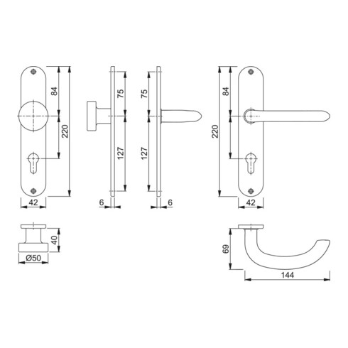 Hoppe Langschildgarnitur Mar.E58/302/1138Z VA F69 PZ 72mm DIN L/R