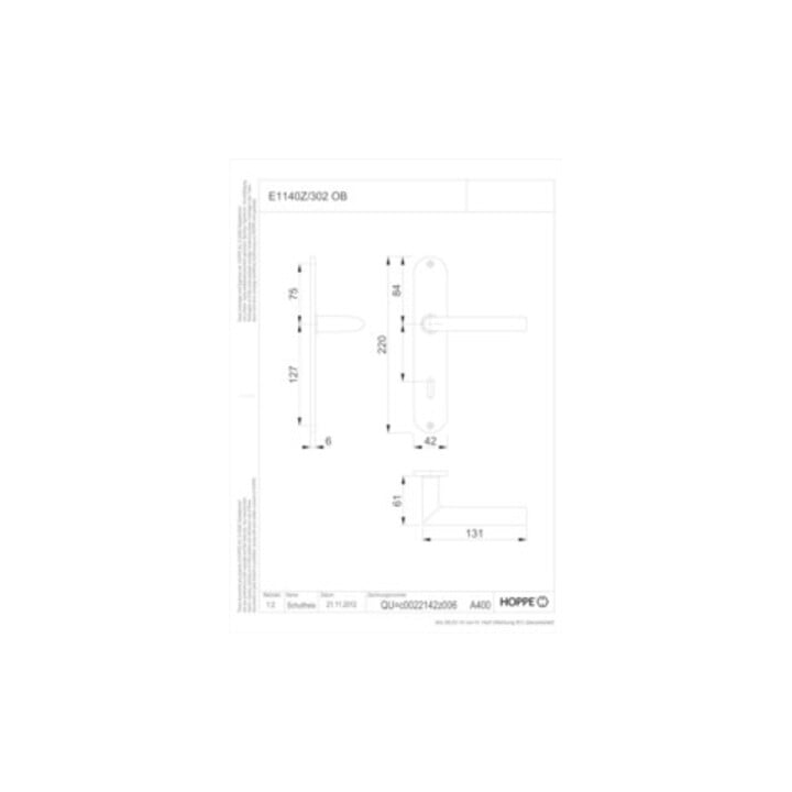 Hoppe Langschildgarnitur Stock.E1140Z/302 VA F69 OB 72mm DIN L/R