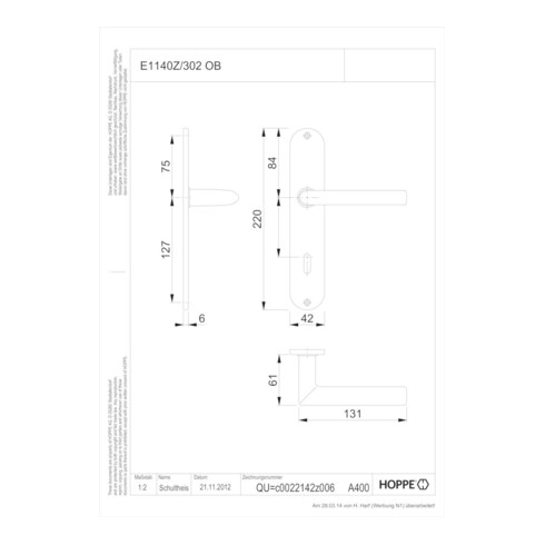 Hoppe Langschildgarnitur Stock.E1140Z/302 VA F69 OB 72mm DIN L/R