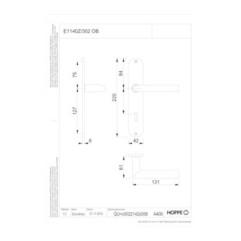 Hoppe Langschildgarnitur Stock.E1140Z/302 VA F69 OB 72mm DIN L/R