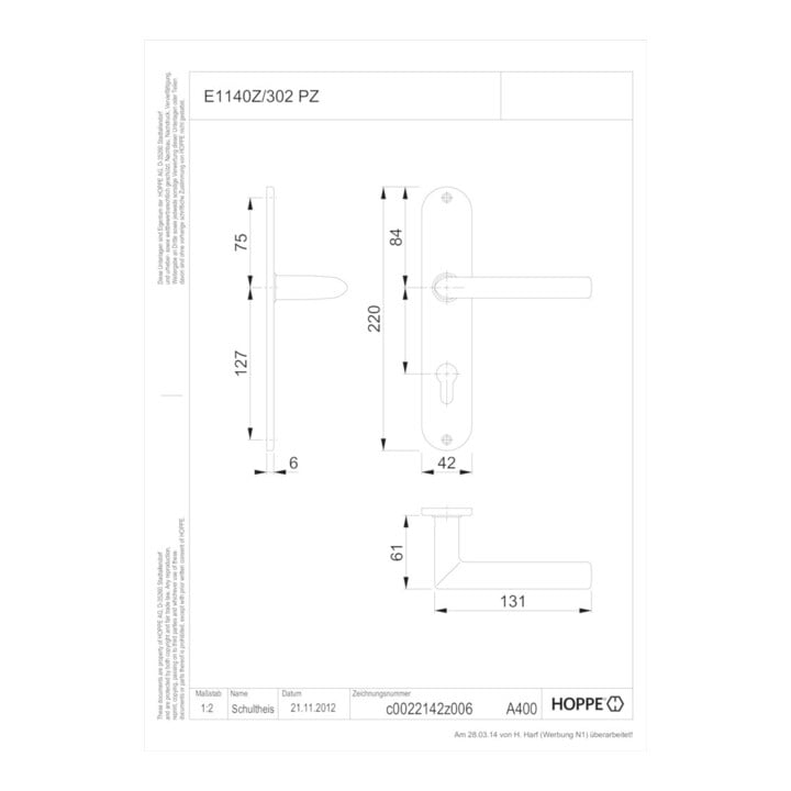 Hoppe Langschildgarnitur Stock.E1140Z/302 VA F69 PZ 72mm DIN L/R