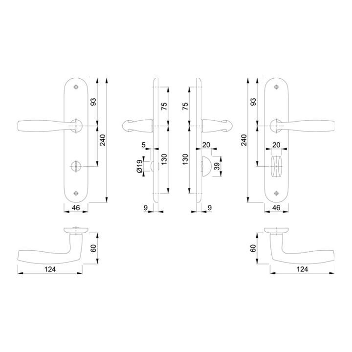 Hoppe Langschildgarnitur Vitória 1515/273P Alu. F1 Bad SK/OL 78mm DIN L/R