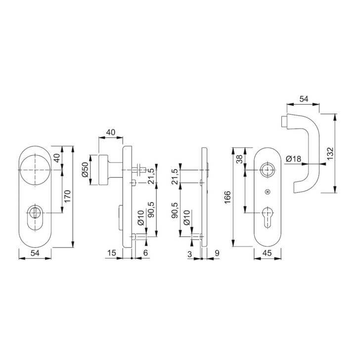 HOPPE Paris 58/3332KZA/353K-1/138L ovale, PZ E72, F1 anodisé