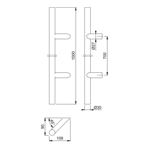HOPPE Poignée à bouton HT E5012, droite L1000, diamètre 30 acier inox mat