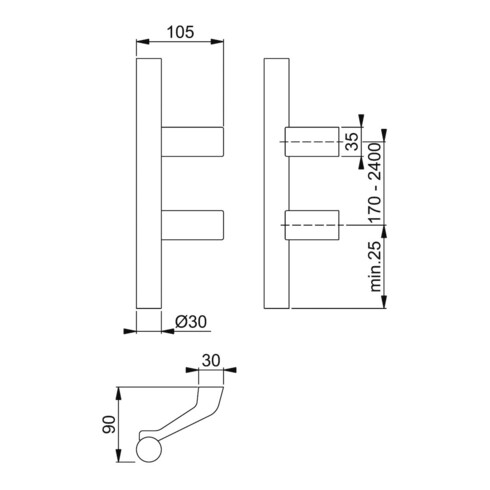 HOPPE Poignée à bouton HT E5014, droite L600, diamètre 30 mat/aluminium naturel