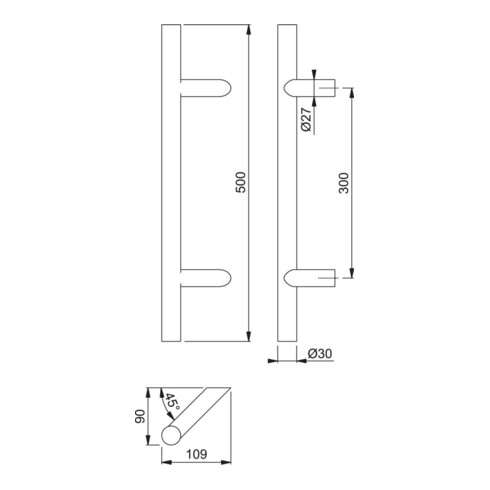 HOPPE Poignée de poussée HT E5012, droite BA300, diamètre 30, L500 inox mat