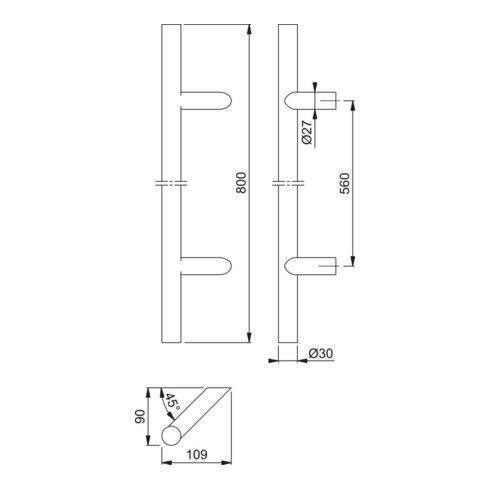 HOPPE Poignée de poussée HT E5012, droite L800, diamètre 30 acier inox mat