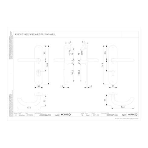 Hoppe Schutzgarnitur Mar.E1138Z/3332ZA/3310 VA F69 72mm 42-47mm