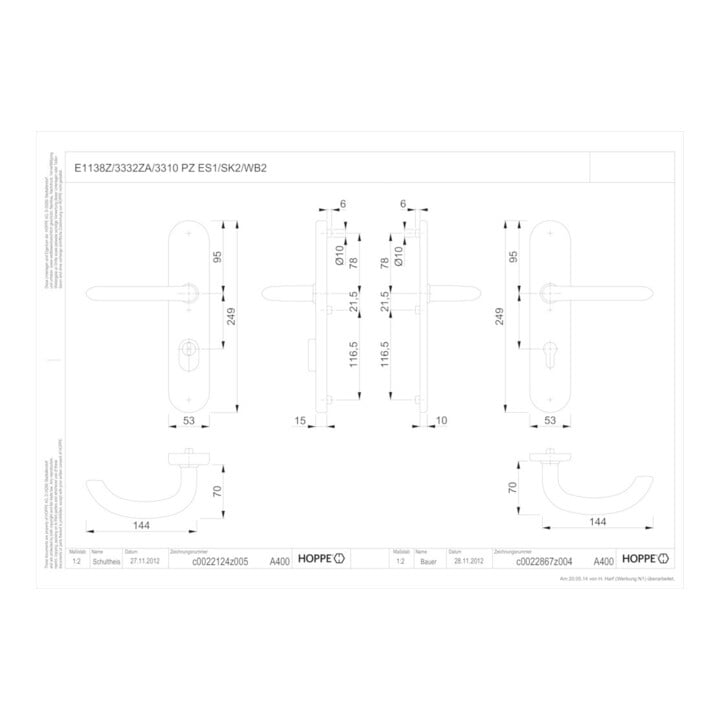 Hoppe Schutzgarnitur Mar.E1138Z/3332ZA/3310 VA F69 72mm 42-47mm
