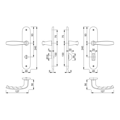 Hoppe set d'assiettes longues New York 1810/273P en aluminium. Bain F1 SK/OL 78mm DIN L/R