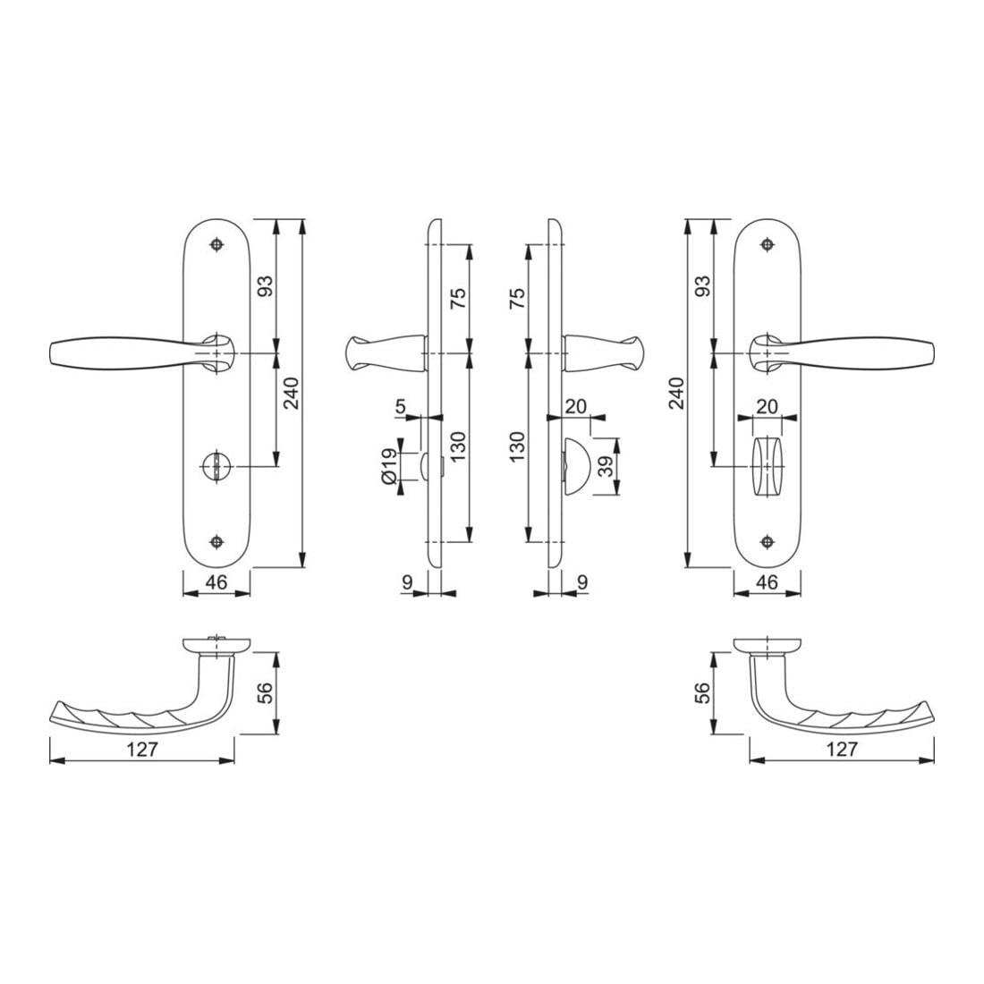 Hoppe set d'assiettes longues New York 1810/273P en aluminium. Bain F1 SK/OL 78mm DIN L/R