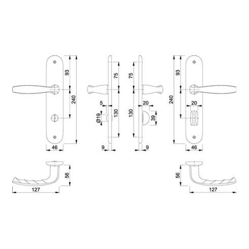 Hoppe set d'assiettes longues New York 1810/273P en aluminium. Bain F1 SK/OL 78mm DIN L/R