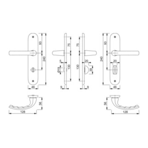 Hoppe set d'assiettes longues Tôkyô 1710/273P aluminium. Bain F1 SK/OL 78mm DIN L/R