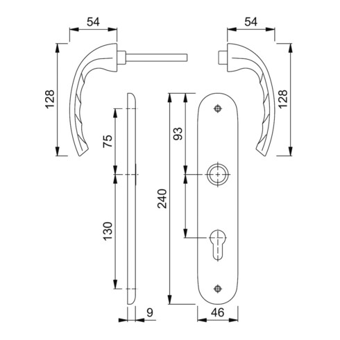 Hoppe set d'assiettes longues Tôkyô 1710/273P aluminium. F1 PZ 72mm DIN L/R
