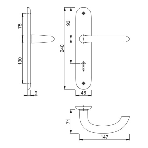 Hoppe set de plat long Mar.1138/273P Alu.F1 OB 72mm DIN L/R