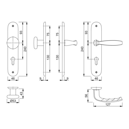 Hoppe set de plateaux longs New York 53/273P/1810 aluminium. F1 PZ 72mm DIN L/R