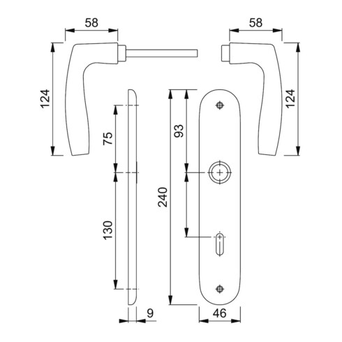 Hoppe set de plateaux longs Vitória 1515/273P aluminium. F1 OB 72mm DIN L/R