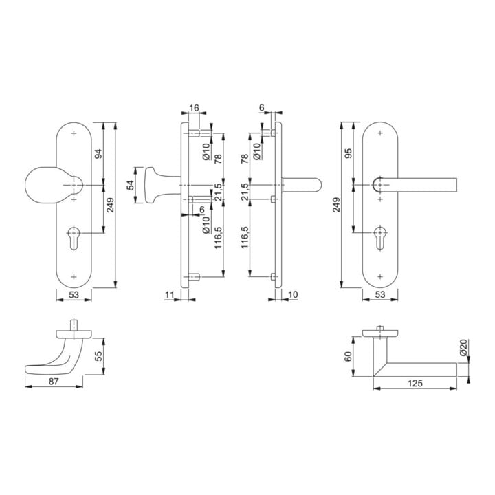 HOPPE WET-Schutz-Wechselgarnitur Langschild,PZ,8/72 Amsterd. E86G/3331/3310 F69,TS
