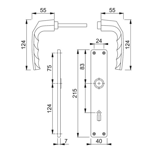 HOPPE ZT Garniture de poignée plaque longue, carrée Birmingham, 1117/202SP BB, 8/72, F4, TS 27-47