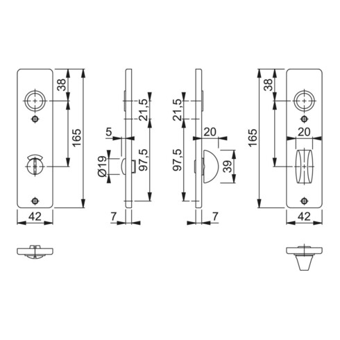 HOPPE ZT-Plaque courte 202KP WC Bouton/fente E78 ALU, F2 anodisé, pièce