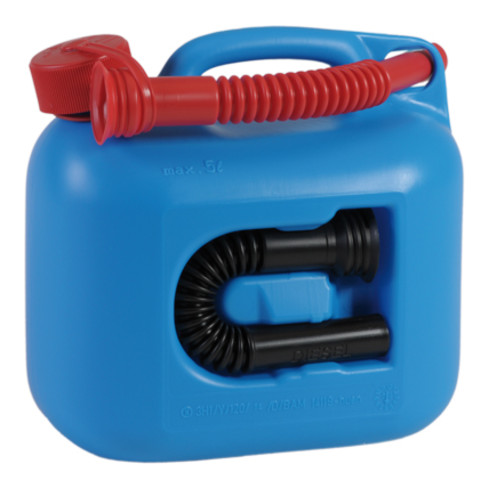 Hünersdorff Kraftstoff-Kanister PREMIUM (UN) 5 L blau, UN-Zulassung, HDPE, rotes Zubehör