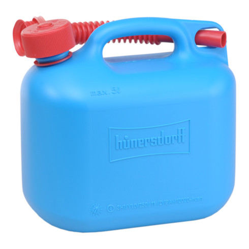 Hünersdorff Kraftstoff-Kanister STANDARD 5 L, HD-PE blau, mit UN-Zulassung und rotem Zubehör