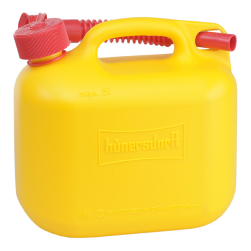 Hünersdorff Kraftstoff-Kanister STANDARD 5 L, HD-PE gelb, mit UN-Zulassung und rotem Zubehör