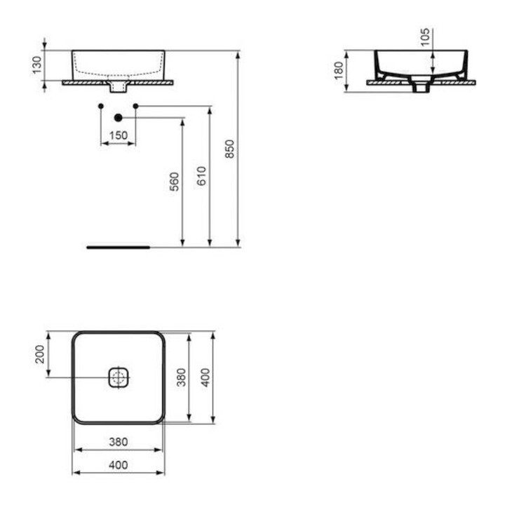 Ideal Standard Aufsatzwaschtisch STRADA II ohne Überlauf, ohne Hahnloch 400 x 400 x 180 mm weiß