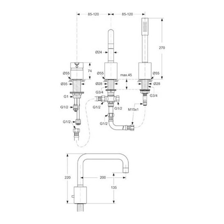 Ideal Standard Dreiloch-Wannenrandbatterie NEON chrom