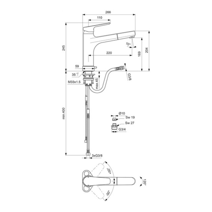 Ideal Standard Einhebel-Küchenarmatur CERAPLAN III mit Geräteabsperrventil und herausziehbarer Handbrause chrom