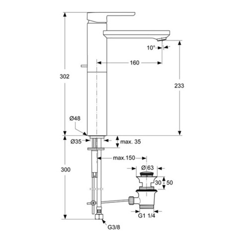 Ideal Standard Einhebel-Waschtischbatterie NEON verlängerter Sockel mit Ablaufgarnitur 1 1/4" chrom