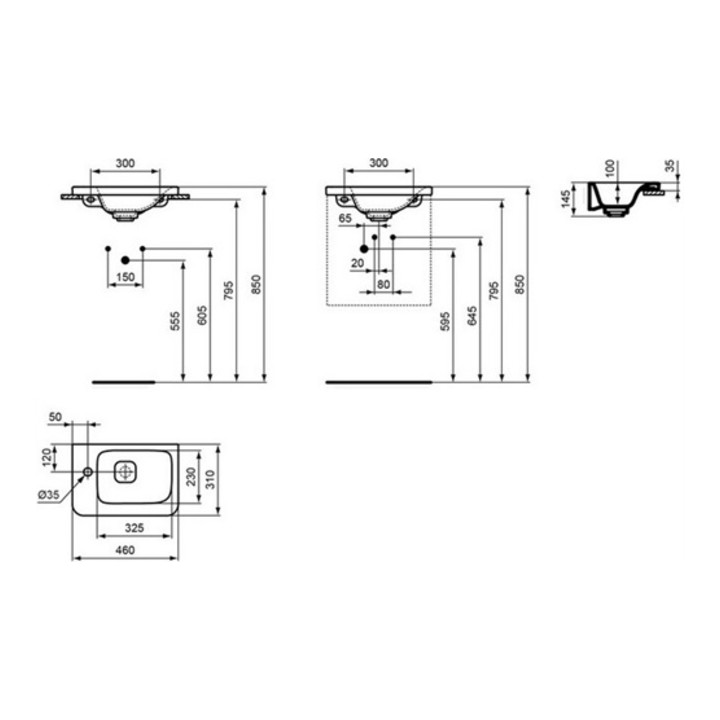 Ideal Standard Handwaschbecken TONIC II 460 x 310 mm, Ablage links weiß