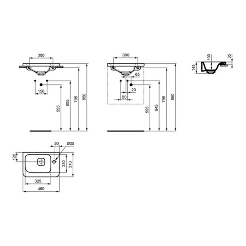 Ideal Standard Handwaschbecken TONIC II 460 x 310 mm, Ablage rechts weiß