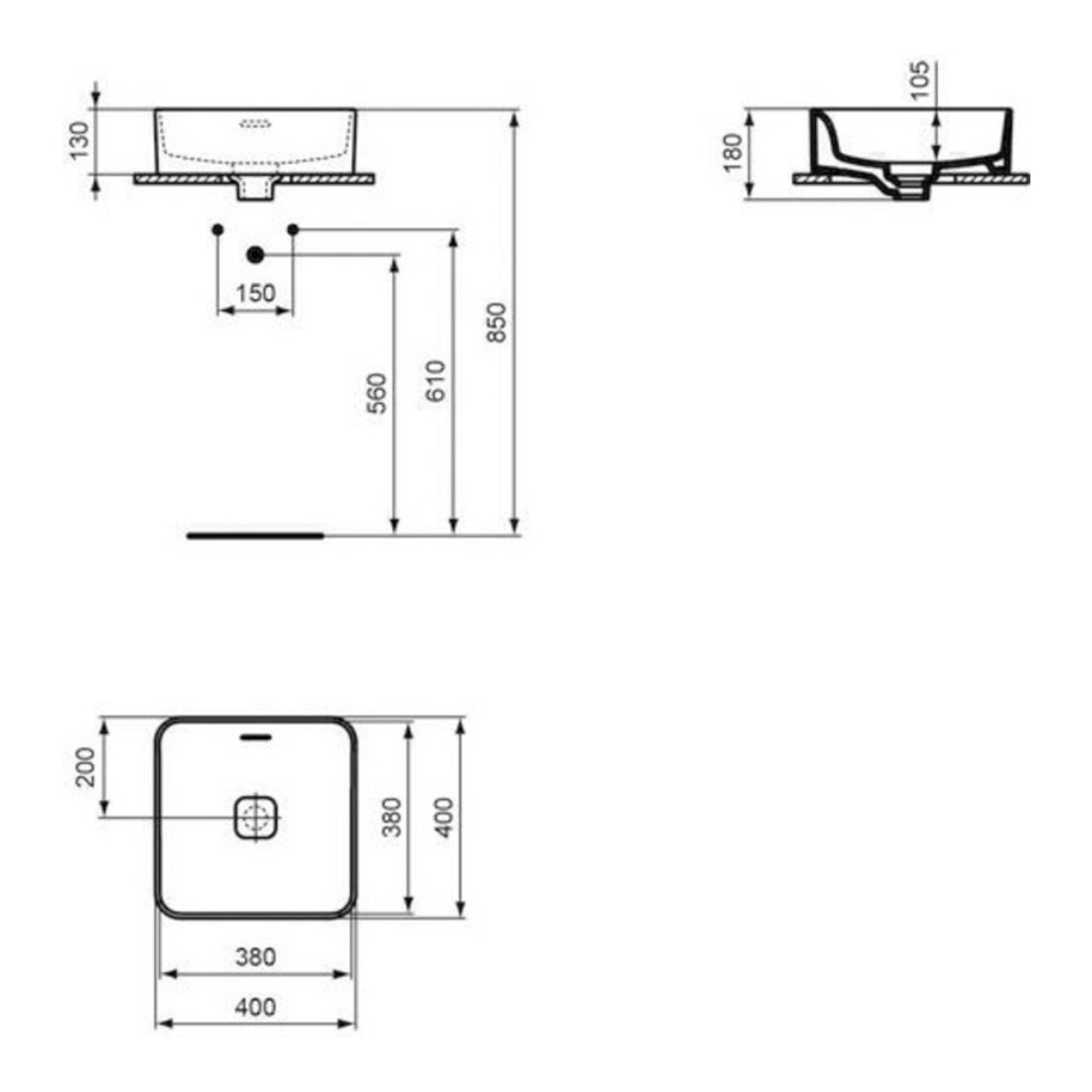 Ideal Standard Lavabo à poser STRADA II avec trop-plein, sans trou de robinet 400 x 400 x 180 mm blanc