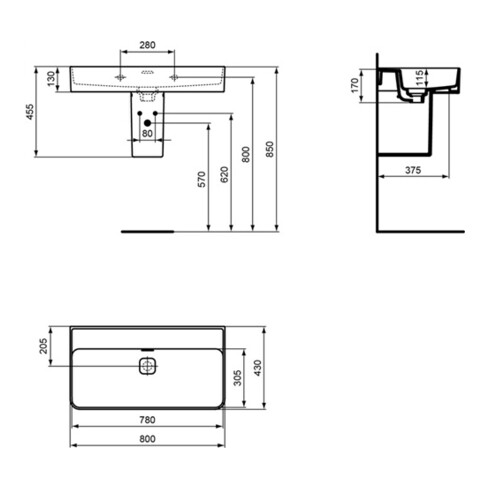 Ideal Standard Waschtisch STRADA II ohne Hahnloch, Unterseite geschliffen 800 x 430 x 170 mm weiß