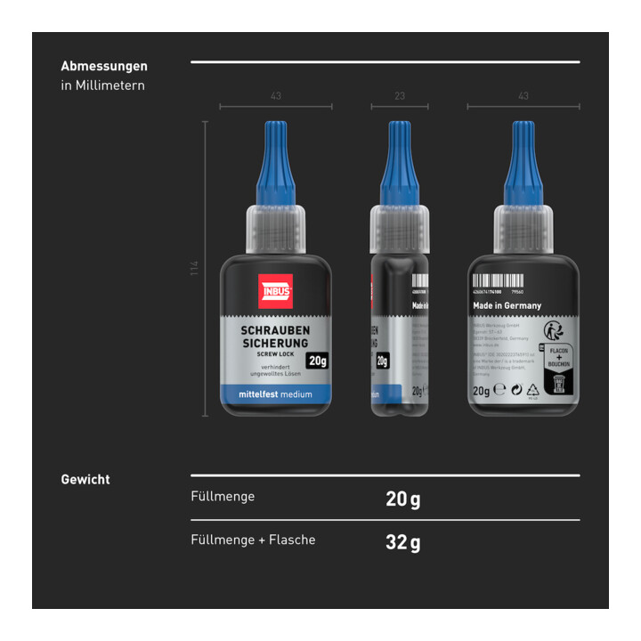 INBUS® 79560 Sécurisation de vis moyenne, 20 g — Fabriqué en Allemagne
