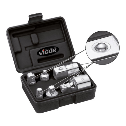 VIGOR Jeu d’adaptateurs V1293 Carré creux 6,3 mm (1/4"), 10 mm (3/8"), 12,5 mm (1/2"), 20 mm (3/4"), carré plein 6,3 mm (1/4"), 10 mm
