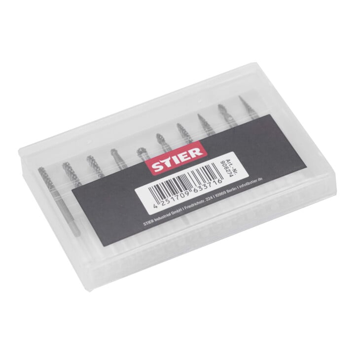 Jeu de 10 fraises rotatives en carbure STIER, queue 3 mm