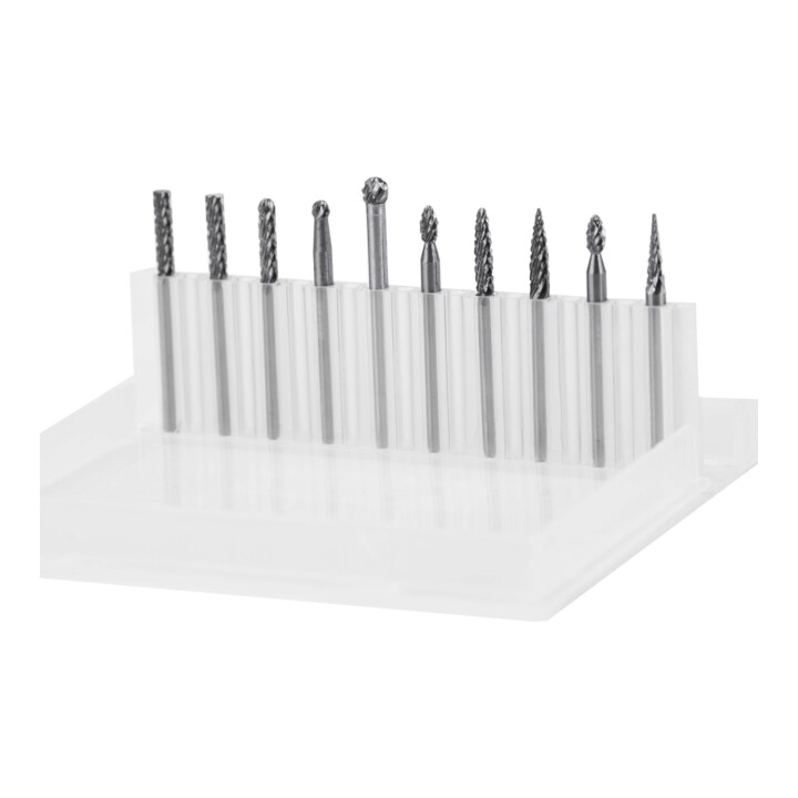 Jeu de 10 fraises rotatives en carbure STIER, queue 3 mm